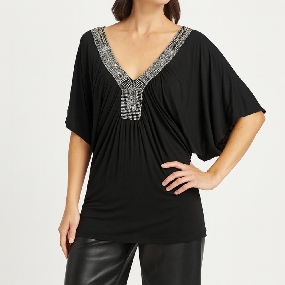 Liquid Jersey Top Rhinestone Sequins Beaded V-neck T-shirt Travel Holiday Black